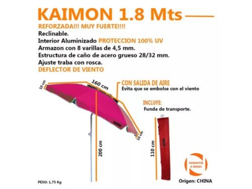 Sombrilla Playera Kaimon 1.8m Reforzada con Deflector de Viento Carpa