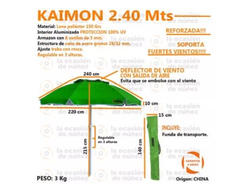 Sombrilla Playa 2,4m Kaimon Reforzada con Deflector de Viento Carpa