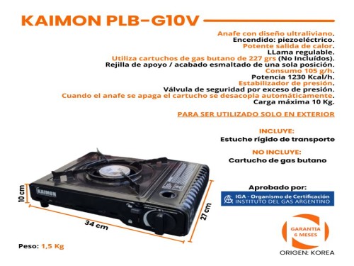 Anafe Camping Kaimon 1 Hornalla Cocina Portatil para Gas Butano