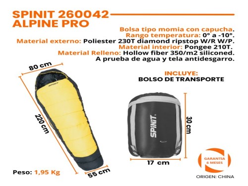 Bolsa De Dormir Spinit Alpine Pro 0° A -10 con Capucha Momia