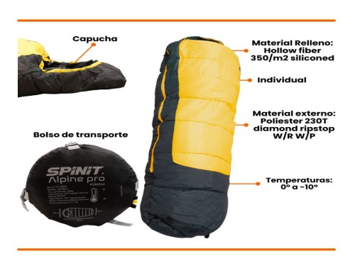 Bolsa De Dormir Spinit Alpine Pro 0° A -10 con Capucha Momia