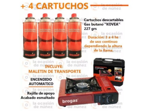 Anafe Camping Brogas con Maletin + 4 Cartuchos Butano Brogas Portatil