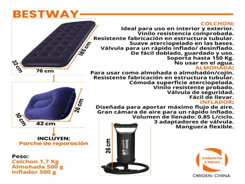 Colchon Inflable 1 Plaza Bestway + Almohada + Inflador Manual Bestway