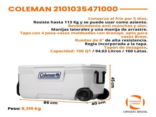 Conservadora Coleman Heladera 94 Lt Portatil Camping Marine Con Ruedas