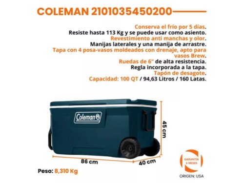 Conservadora Heladera Portatil Coleman Chest 94 Lts C Ruedas 160 latas