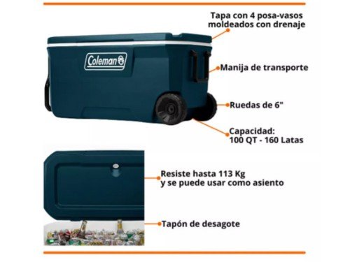 Conservadora Heladera Portatil Coleman Chest 94 Lts C Ruedas 160 latas