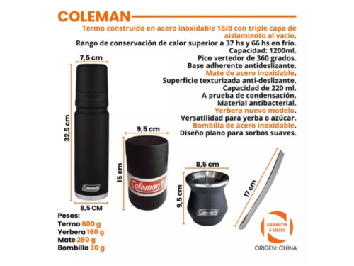 Termo 1,2 Lts Coleman +Mate Termico + Bombilla + Yerbera  Libre de BPA