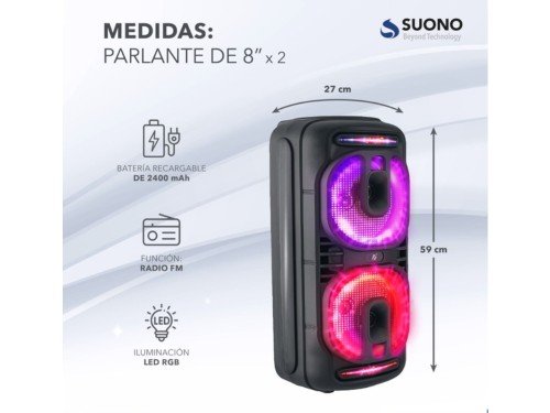 Parlante 8"x2 Bluetooth Portátil Micrófono Rgb Karaoke Radio FM Suono