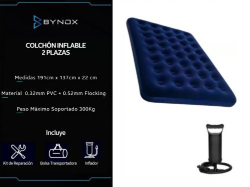 Colchón Inflable Bynox 2 Plazas 191x137cm con Inflador FK-CLCINF-2P