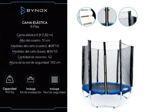 Cama Elástica Bynox 180cm Azul con Protección FI-CMAELS-6F