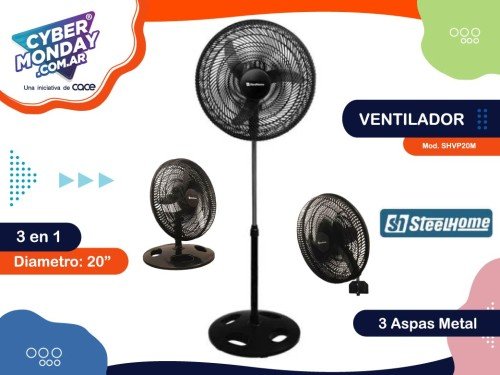 Ventilador de Pie 20" Mod.SHVP20M,  3 en 1, 3 aspas metal, Steel Home