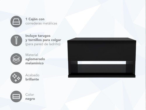 Mesa de Luz Flotante con Cajón y Desayunador Colgante Negro ML02