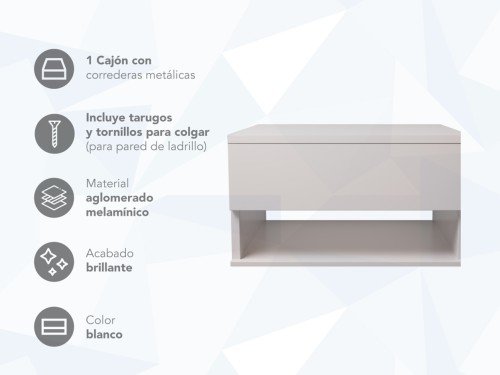 Mesa de Luz Flotante con Cajón y Desayunador Colgante Blanco ML02