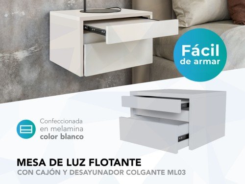 Mesa de Luz Flotante con Cajón y Desayunador Colgante Blanco ML03