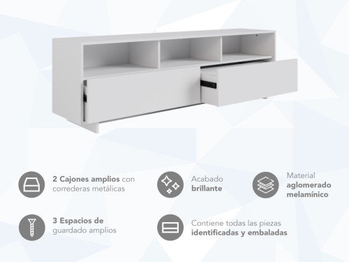 Rack de TV con 2 Cajones y 3 Estantes 160cm de ancho RTV160 Blanco