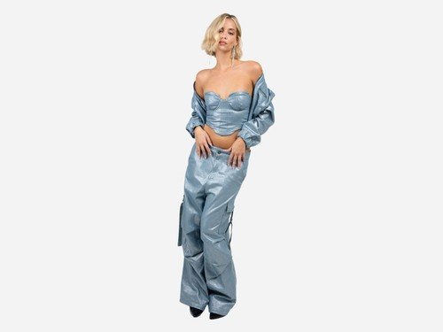 Pantalón cargo de denim con foil, tiro bajo oversize -  Delaostia