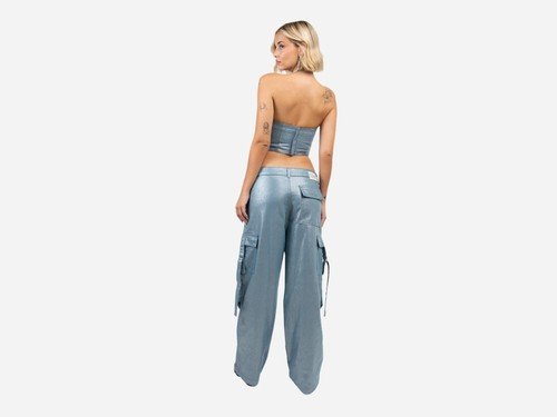 Pantalón cargo de denim con foil, tiro bajo oversize -  Delaostia