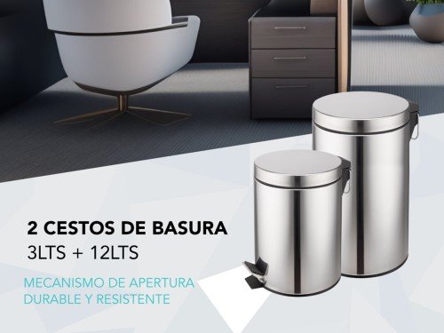 Set De Tachos De Basura 3 Lts Y 12 Lts Acero Inoxidable Cestos