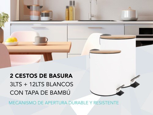 Set De Tachos De Basura 3 Lts Y 12 Lts Blanco Tapa De Bambú Cestos