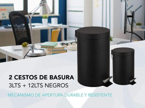 Set De Tachos De Basura 3 Lts Y 12 Lts Negro Cestos