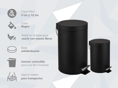 Set De Tachos De Basura 3 Lts Y 12 Lts Negro Cestos