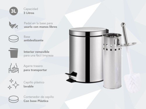 Tacho De Basura 3lts Acero Inoxidable + Escobilla De Baño Nictom