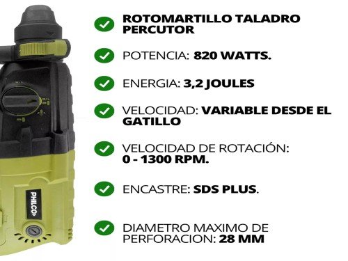 ROTOMARTILLO TALADRO PERCUTOR 820W 220V 1300RPM PHILCO TRIPLE FUNCIÓN