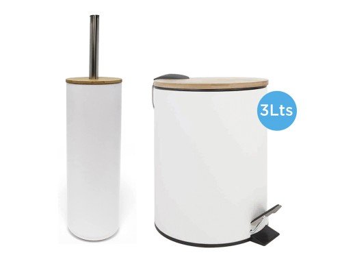 Tacho De Basura 3lts Blanco Tapa de Bambu + Escobilla De Baño Nictom