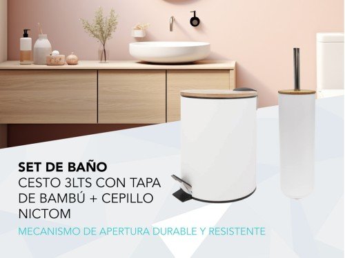 Tacho De Basura 3lts Blanco Tapa de Bambu + Escobilla De Baño Nictom