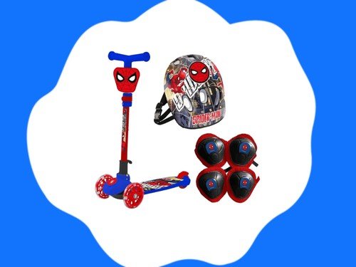 Monopatin Plegable Spiderman Con Casco, Rodillera y Codera