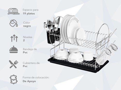 Secaplatos Escurridor Cromado 2 Pisos Cubiertero Ep05 Negro