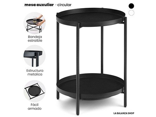 Mesa auxiliar redonda doble bandeja diseño industrial, La Balanza Shop