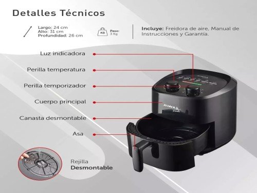 Freidora De Aire Aiwa Cook 3,6 Litros 1400w 200°c Temporizador