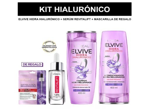 Elvive Hidra Hialuronico Kit  Shampoo + Acondicionador + Serum + Masca