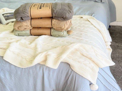 Pie De Cama Manta Tejida Con Borlas Blankery Rustic 100% Algodon