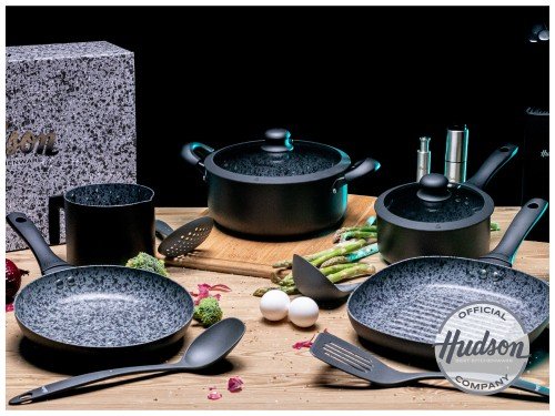 Batería De Cocina Hudson Granito Negro 15 Piezas Ngra02