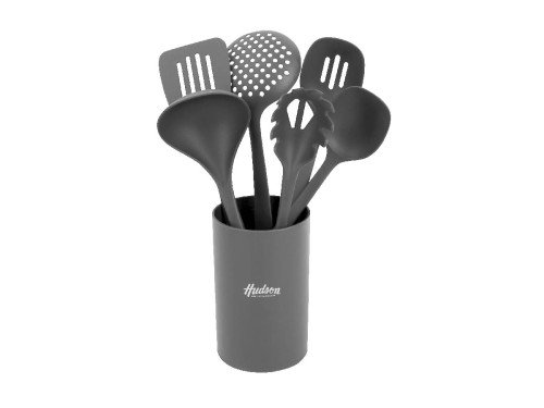 Set Hudson Seis Utensilios De Nylon Gris Oscuro Con Holder