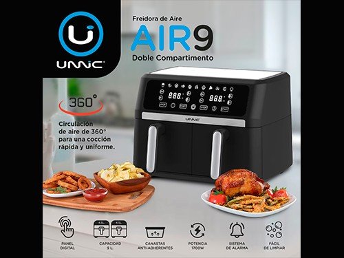 Freidora de Aire Sin Aceite Panel Digital Doble Bandeja 9L Unnic