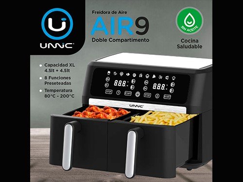 Freidora de Aire Sin Aceite Panel Digital Doble Bandeja 9L Unnic