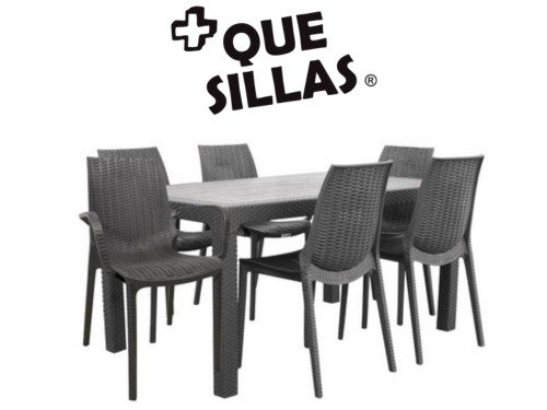 Juego de Jardín Mesa 150x90 Simil Ratan Alejo + 6 Sillas Melodi