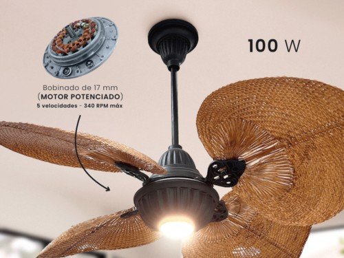 Ventilador techo rattan luz apto exterior WINDLUX® Cami