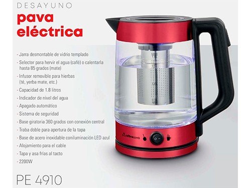 Pava Electrica Con Infusor  de Te Mate Desayuno 1.7 Lts Roja Ultracomb