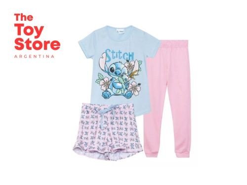 Disney Set 3 Piezas Pijama Stitch Algodón Mangas Cortas Licencia OF.