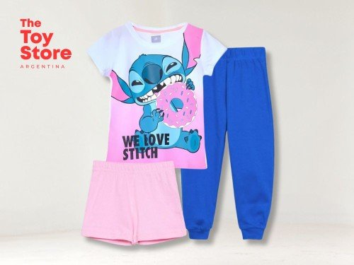 Disney Set 3 Piezas Pijama Stitch Algodón Mangas Cortas Licencia OF.