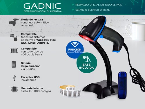 Lector Código de Barras Gadnic Inalámbrico USB Memoria Interna + Sopor