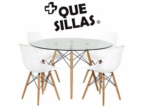 Juego comedor mesa de vidrio redonda 100cm + 4 sillas Eames