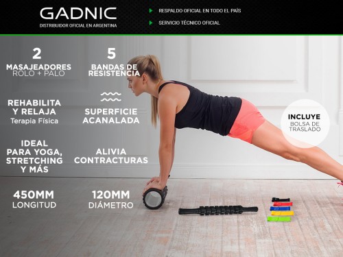 Kit Rolo Yoga Fitnes + Bandas Resistencia + Palo Masajeador