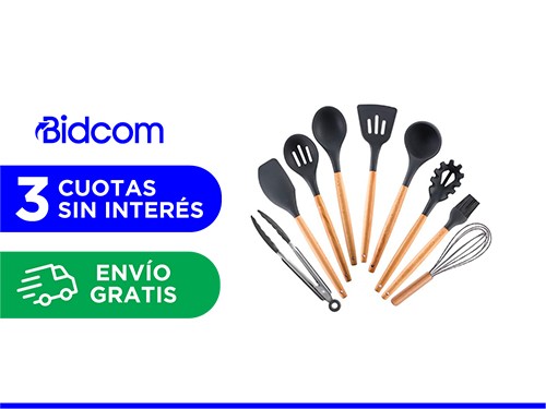 Set x 9 Kit Utensilios De Cocina GADNIC BLACK2.0 Mango Madera Punta Si