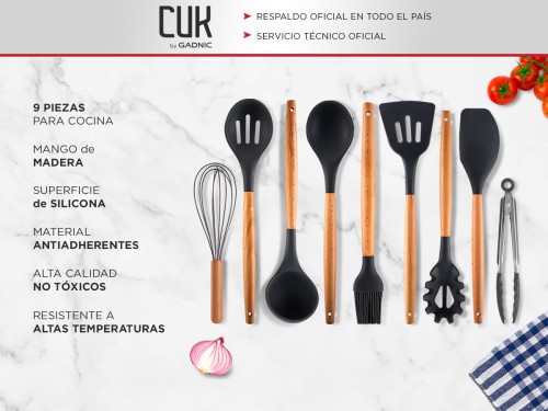 Set x 9 Kit Utensilios De Cocina GADNIC BLACK2.0 Mango Madera Punta Si