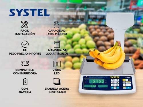 Balanza Comercial Systel Croma Bateria 31kg Mástil 200 Articulos